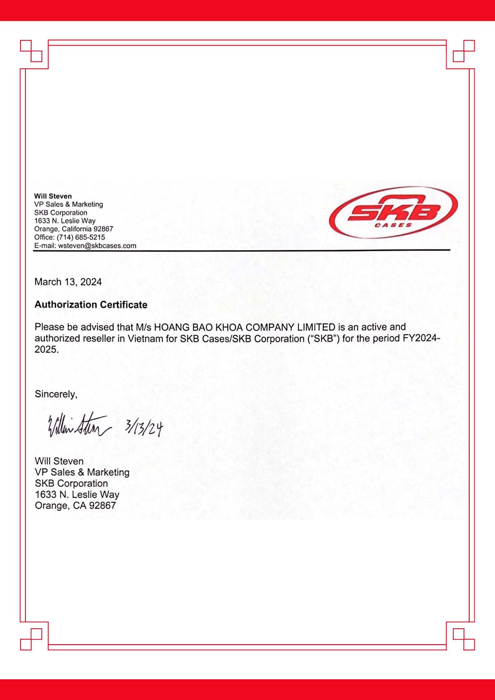 SKB distributor certificate