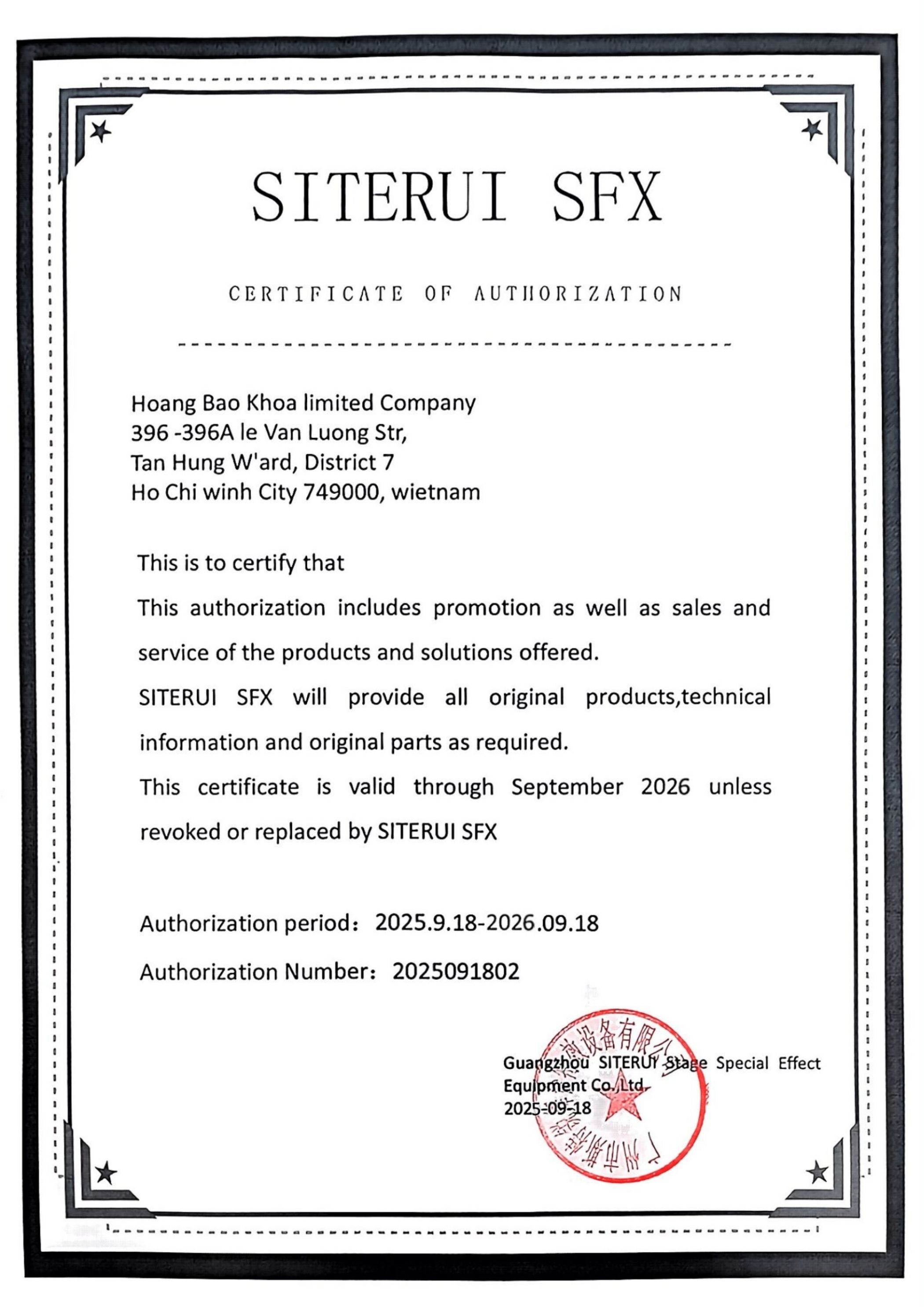 Chứng nhận nhà phân phối chính thức SITERUI SFX tại Việt Nam