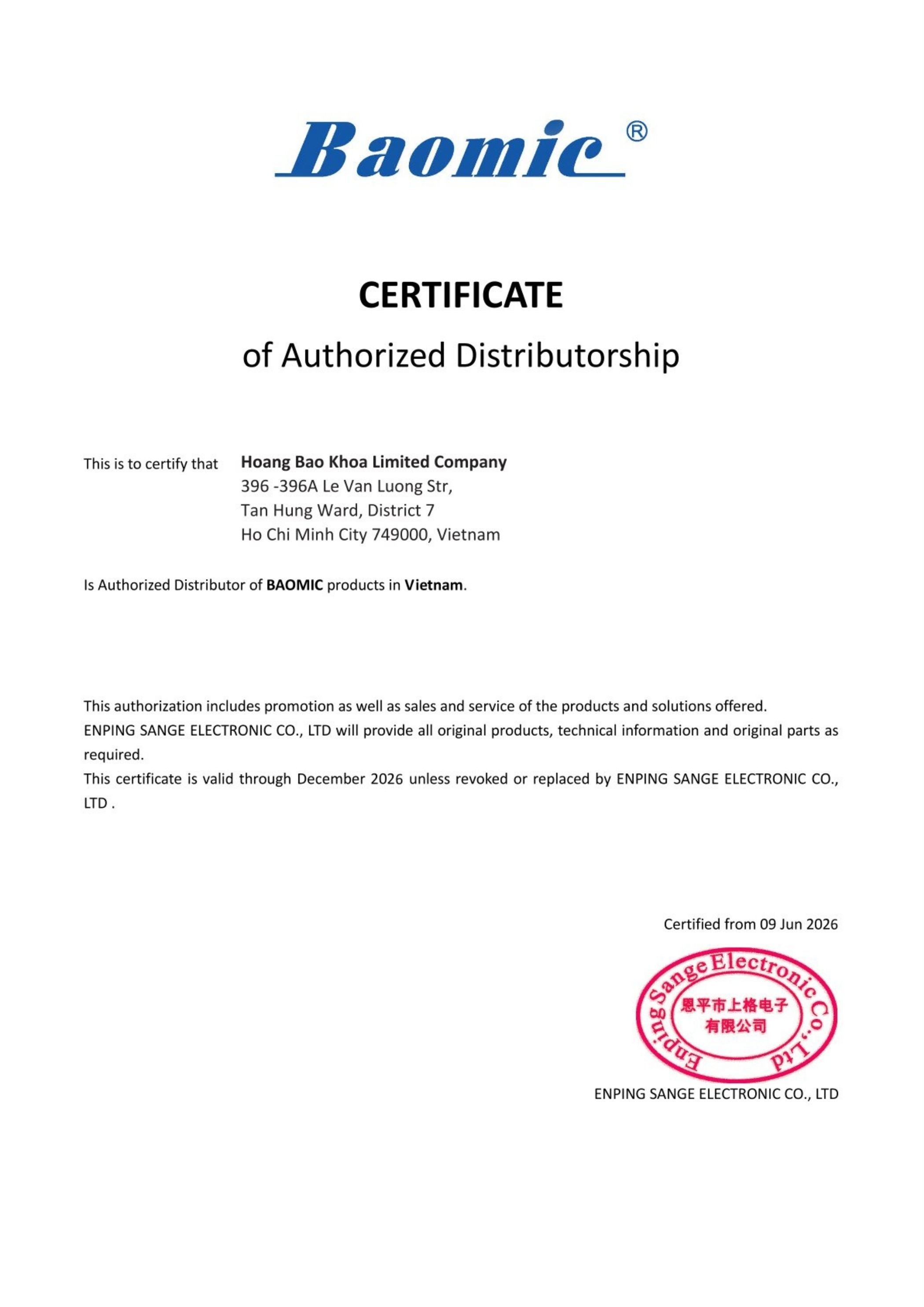 Chứng nhận nhà phân phối chính thức BaoMic tại Việt Nam