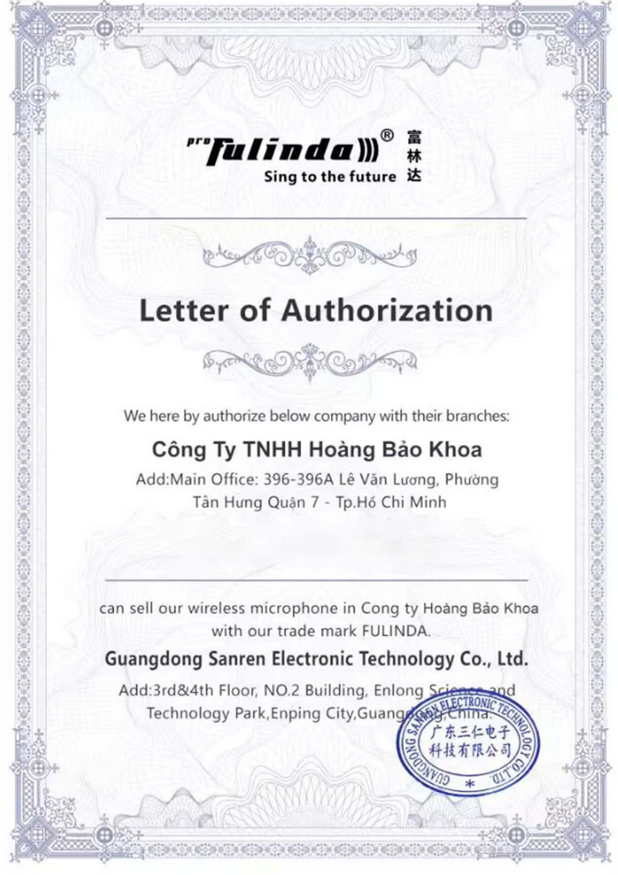 Chứng nhận nhà phân phối chính thức Fulinda tại Việt Nam