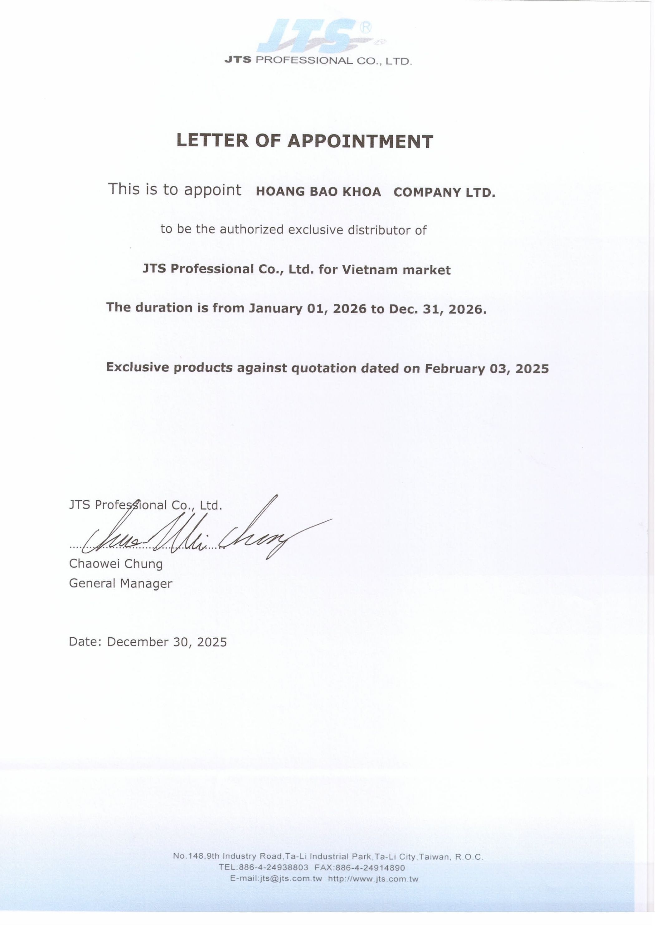 JTS distributor certificate