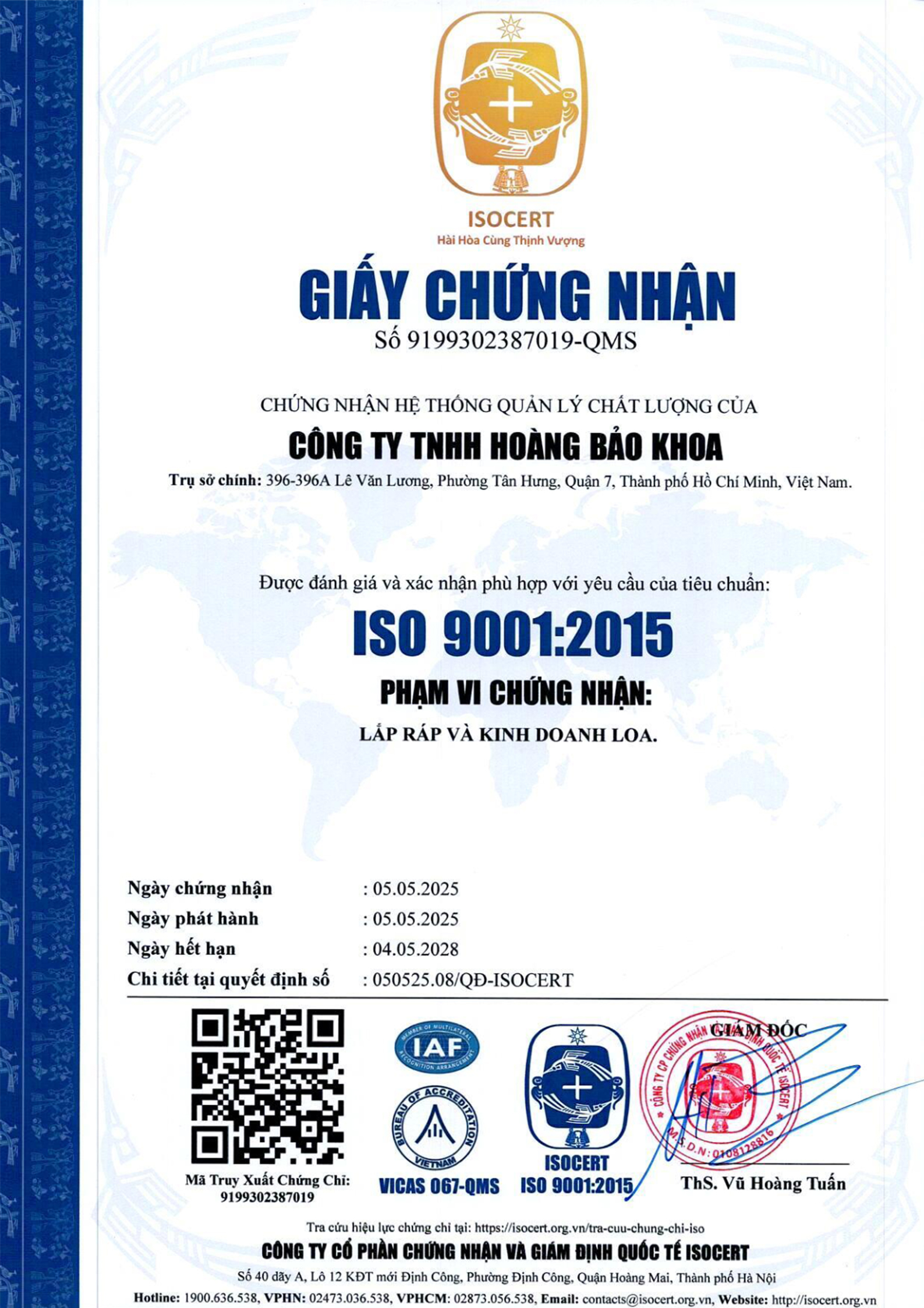 Chứng nhận ISO 9001:2015 | HBK SOUND