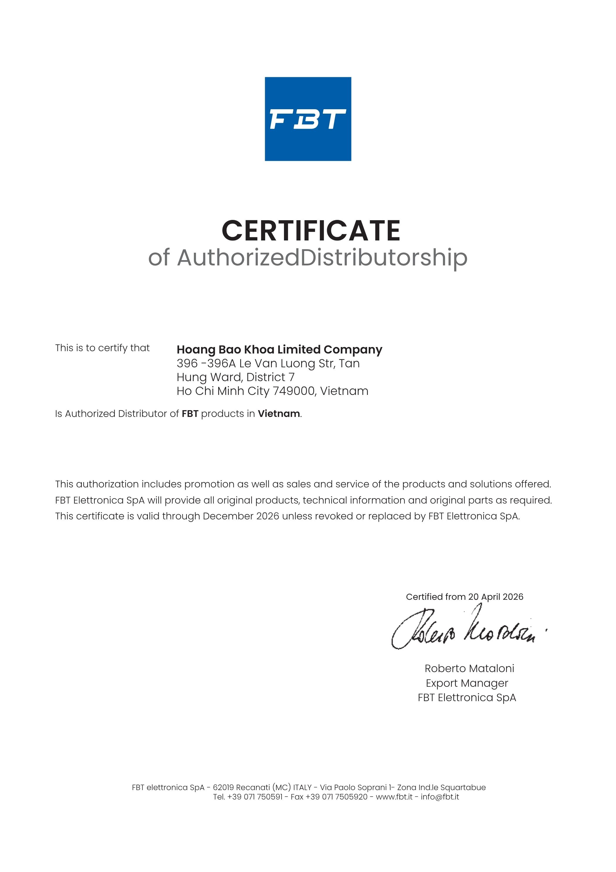 FBT distributor certificate