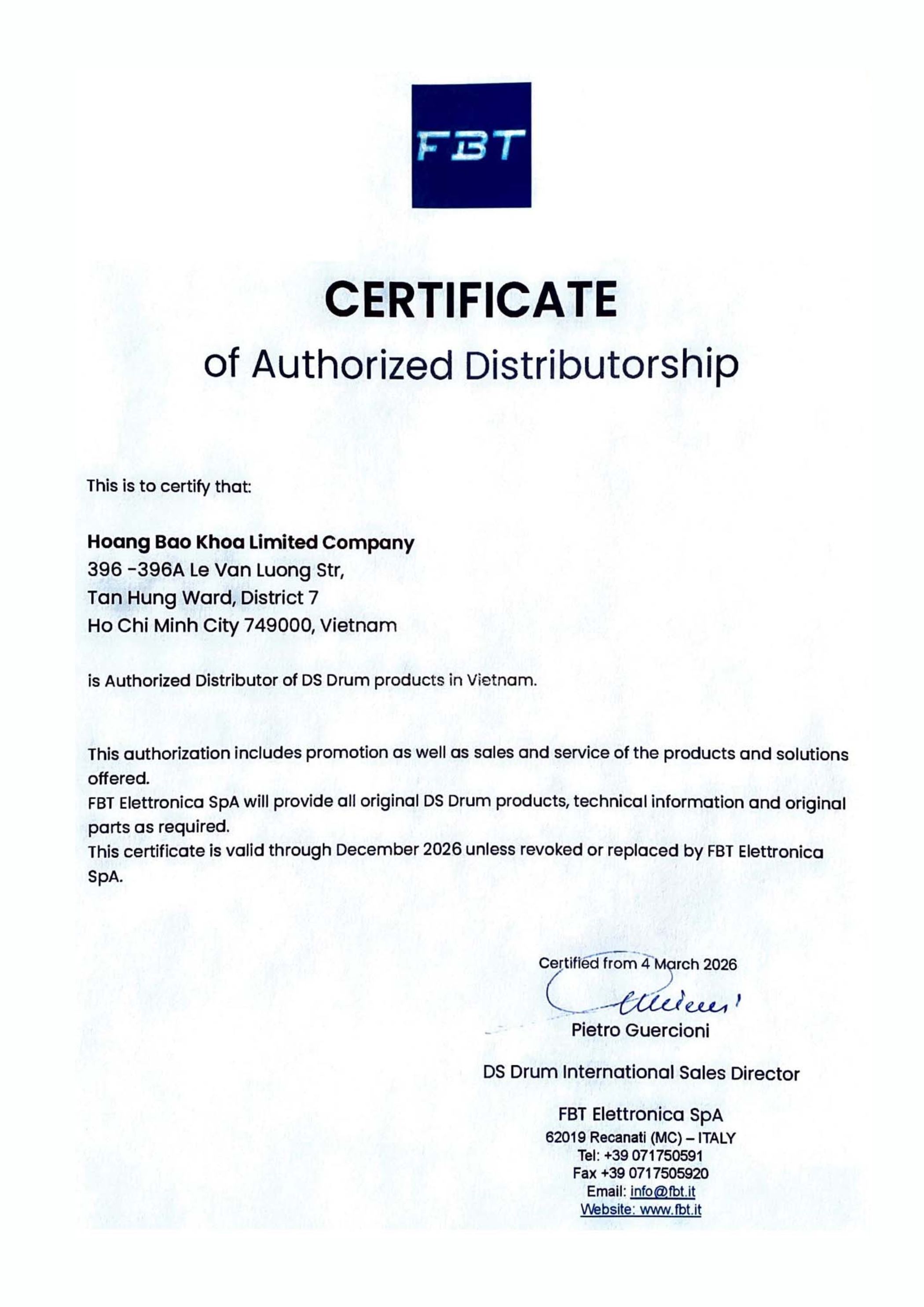 DS Drum distributor certificate