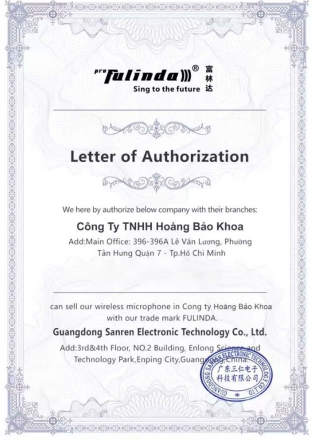 Chứng nhận nhà phân phối chính thức Fulinda tại Việt Nam