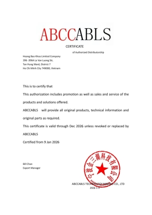 Chứng nhận nhà phân phối chính thức ABCCABLS