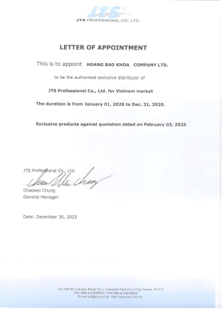 Chứng nhận nhà phân phối chính thức JTS tại Việt Nam