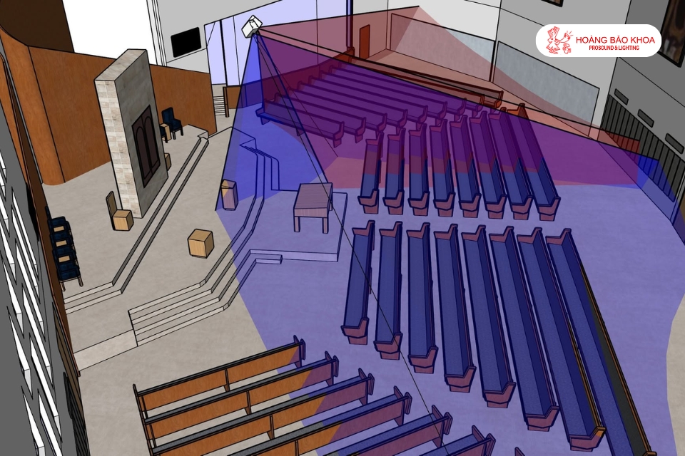 Church loudspeaker system design solution for semi-circular floor plans with poor acoustics