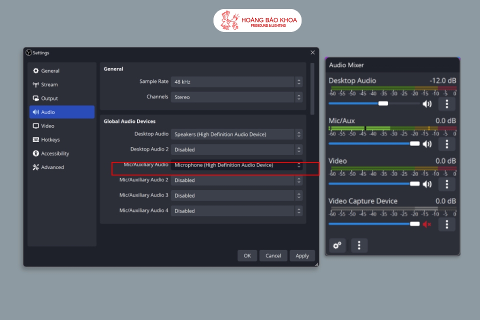 OBS audio settings for livestream microphones