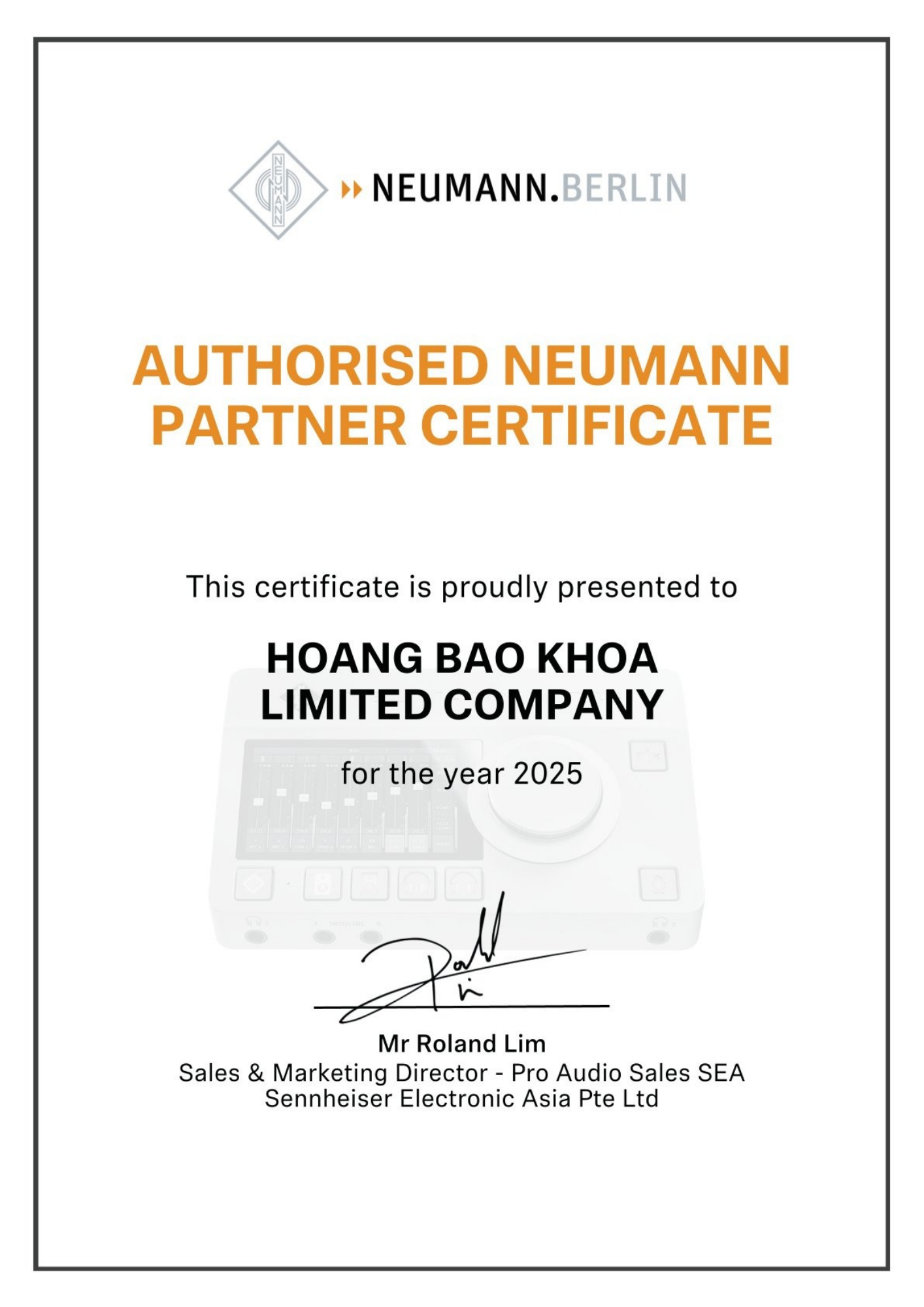Authorised Neumann Partner Certificate Hoang Bao Khoa