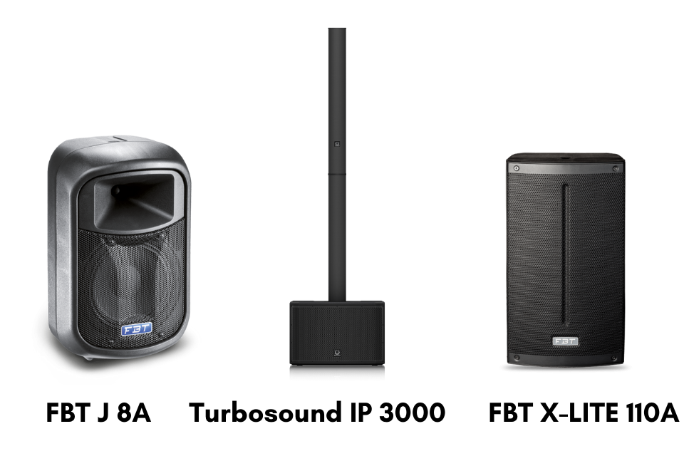FBT J8A, FBT X-Lite 110A, and Turbosound IP3000