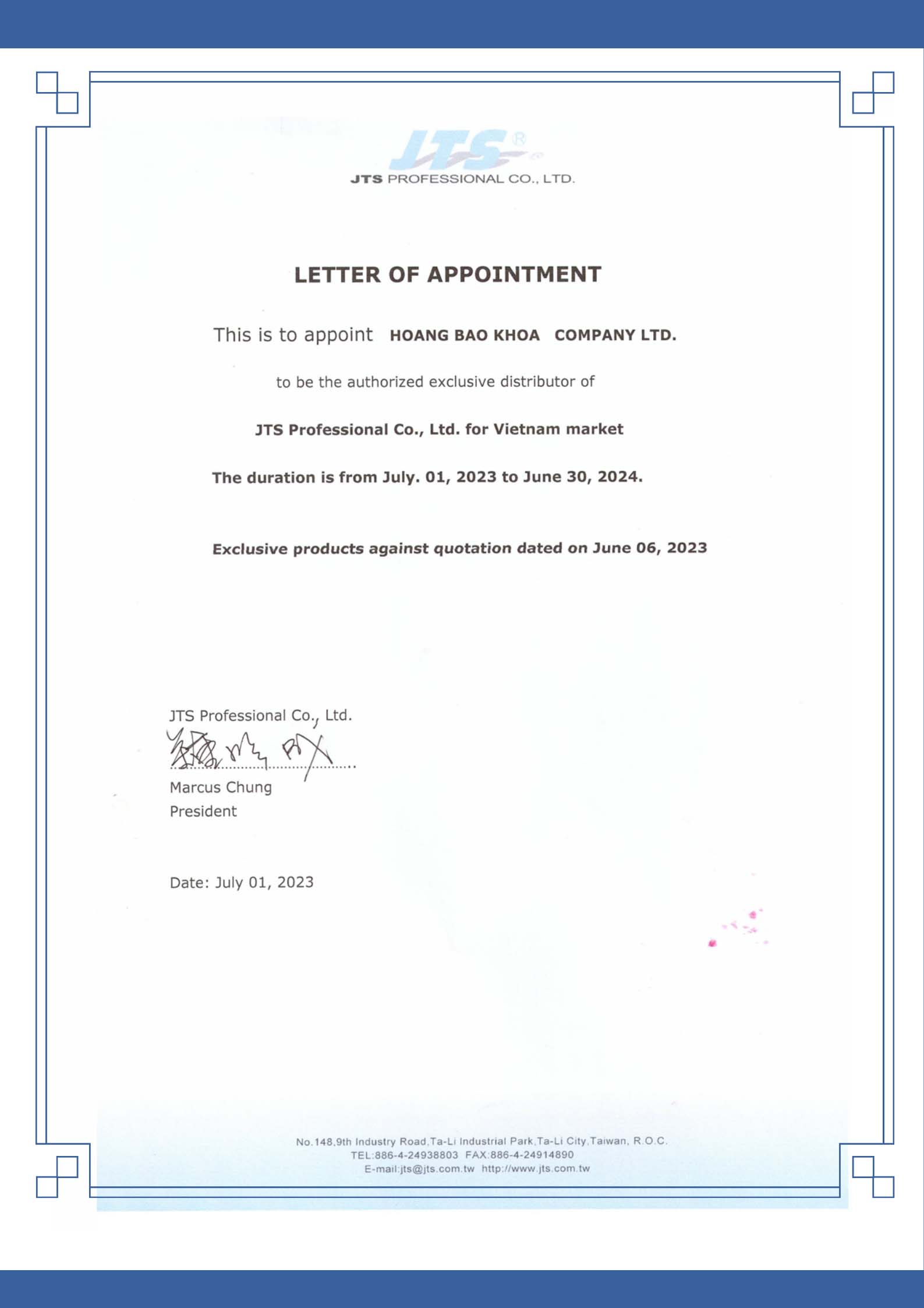 JTS distributor certificate