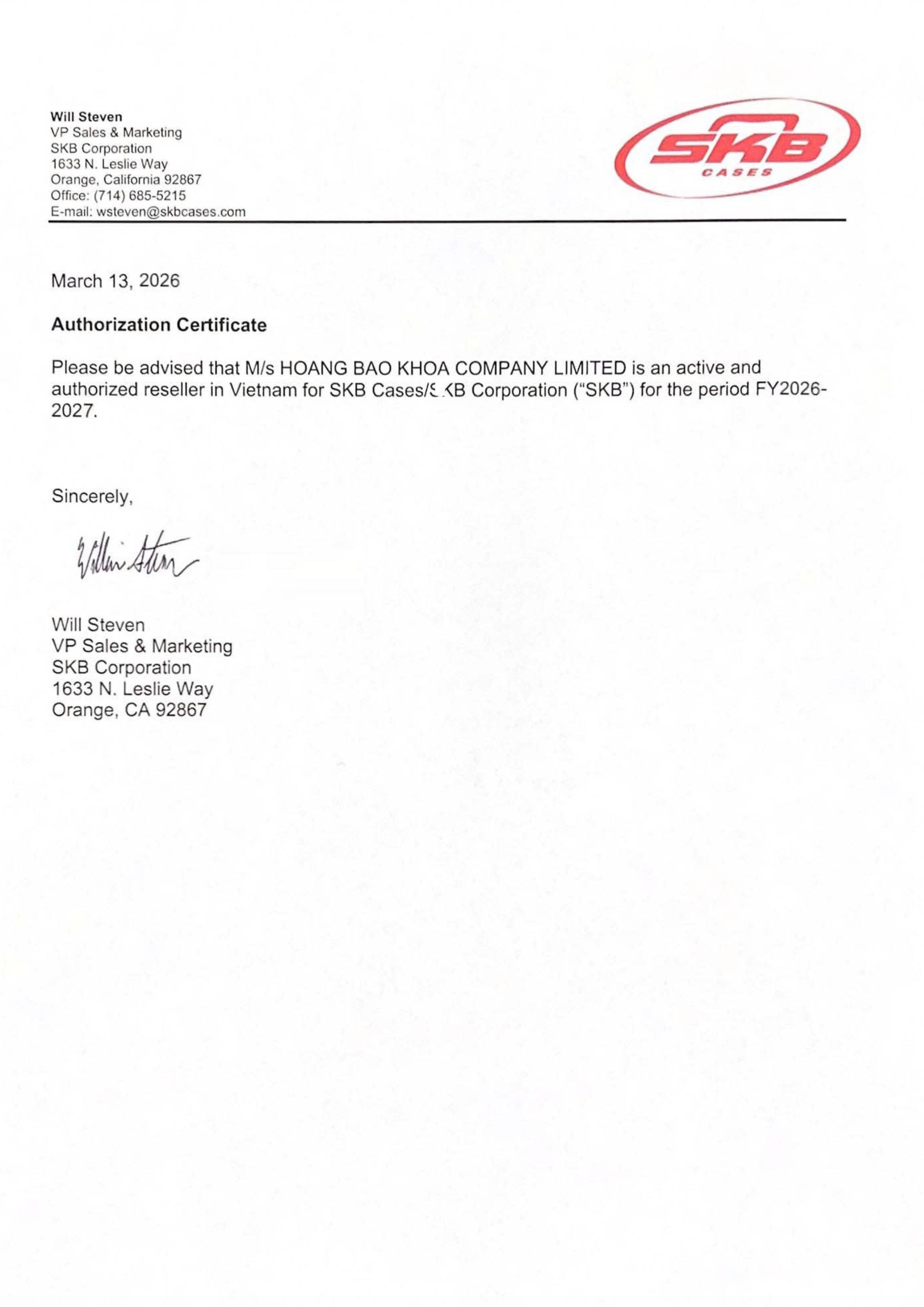 SKB distributor certificate