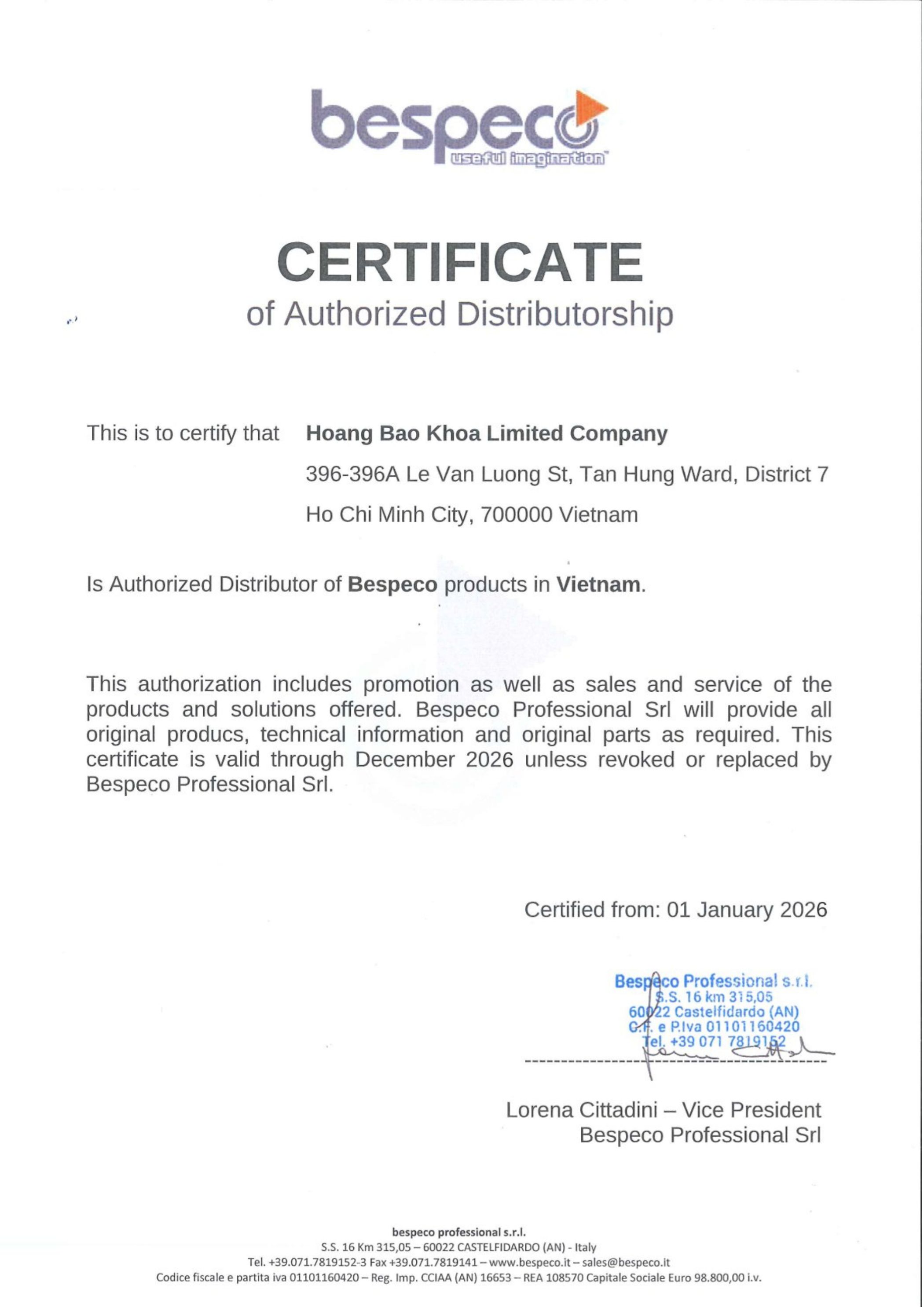 Bespeco distributor certificate