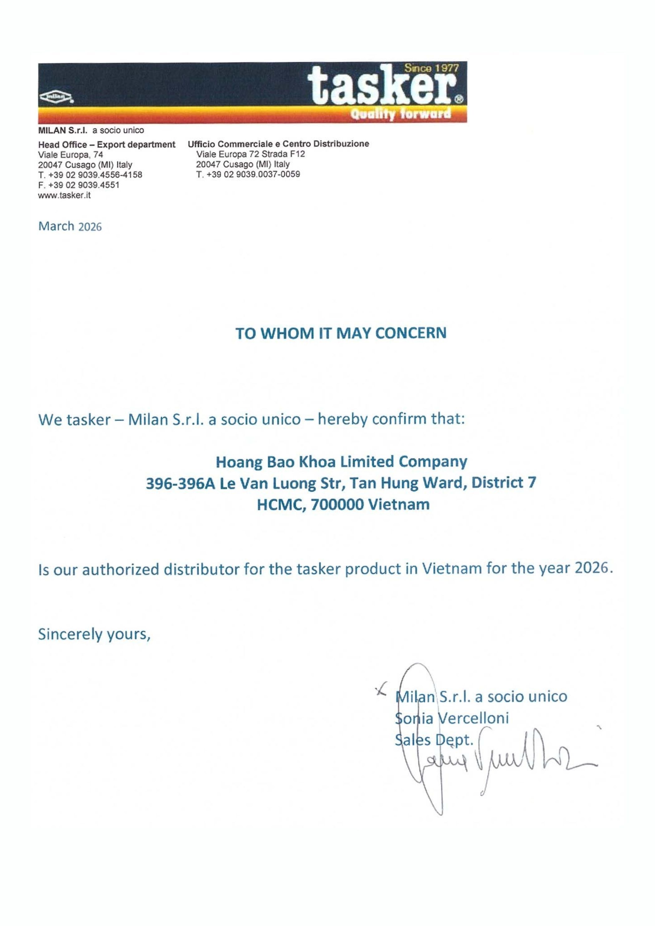 Tasker distributor certificate