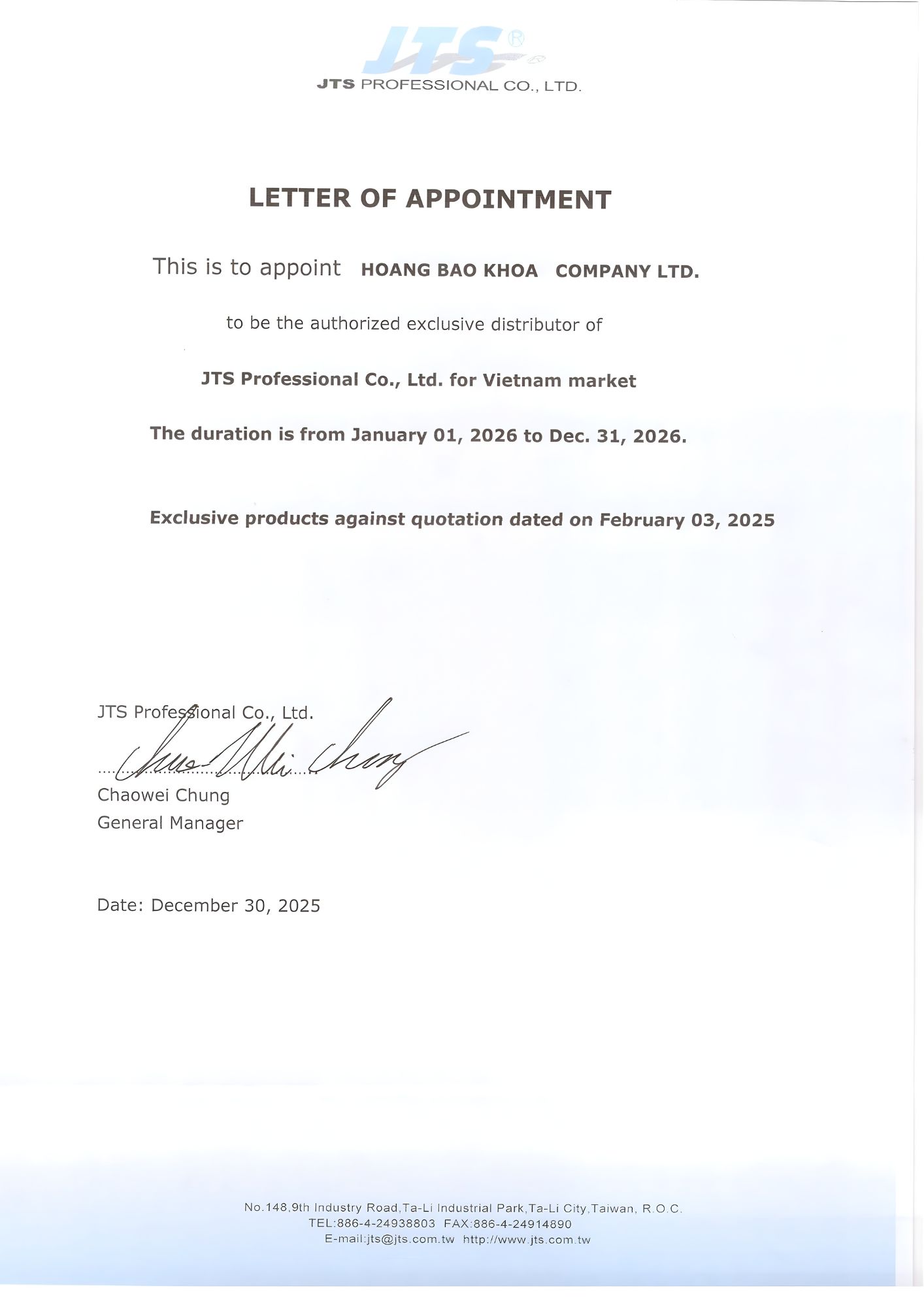 Chứng nhận nhà phân phối chính thức JTS tại Việt Nam