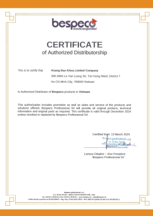 Bespeco distributor certificate